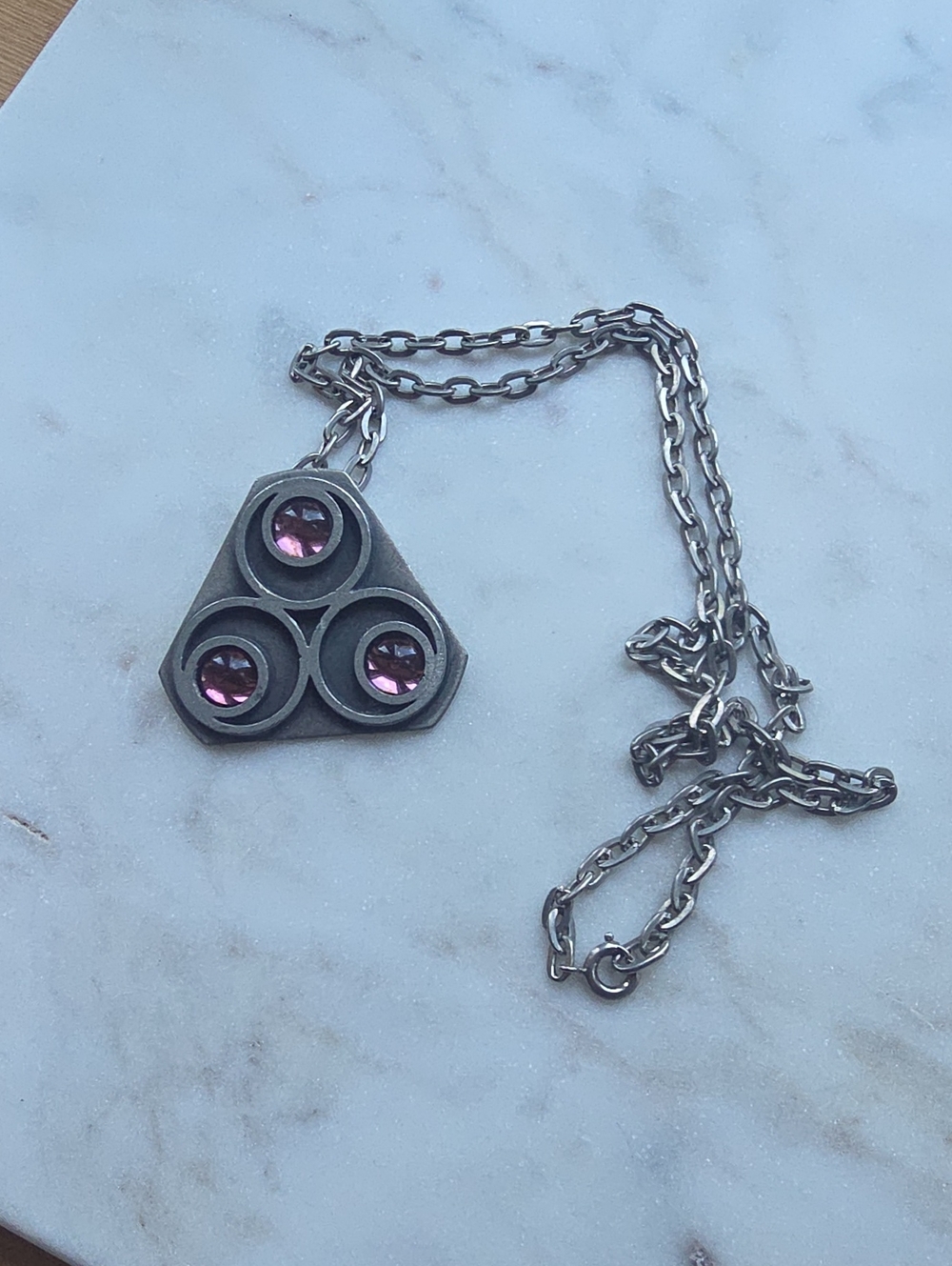Vintage Bent Larsen Denmark Modernist Pewter Triangle Pendant Necklace